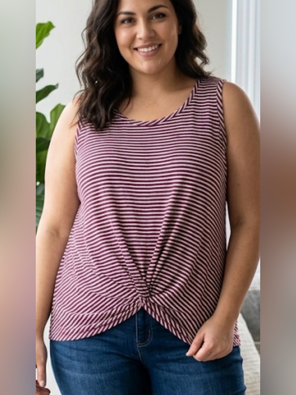 nine britton Maroon and White Striped Twist-Front Tank 1X